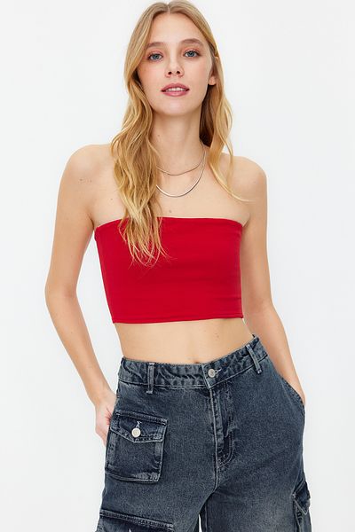 Trendyol Collection Red Fitted Strapless Collar Crop Stretchy Knitted Blouse TWOSS24BZ00055