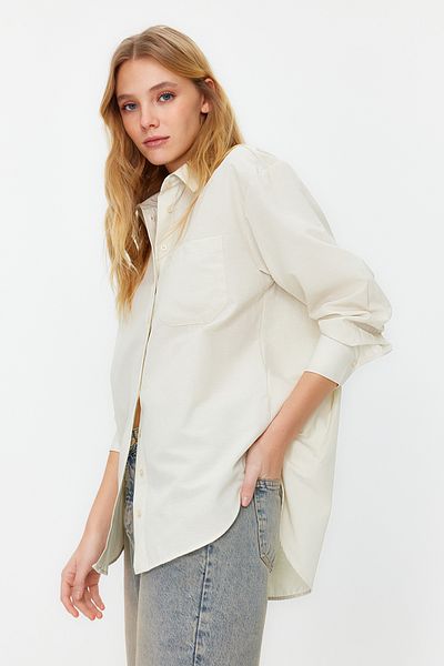 Trendyol Collection Dunkelbeiges Boyfriend-Hemd aus gewebter Baumwolle mit einer Tasche TWOAW20GO0115