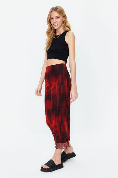 Trendyol Collection Red Printed Wrinkled Look Elastic Waist Lined Tulle Maxi Stretch Knitted Skirt TWOSS24ET00029