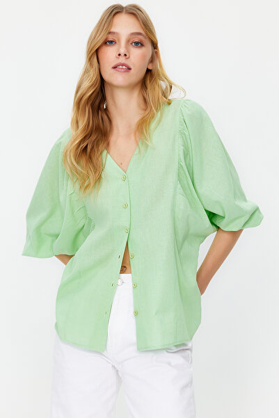 Trendyol Collection Πράσινο υφαντό πουκάμισο - μανίκι νυχτερίδας, κανονική εφαρμογή TWOSS20GO0076