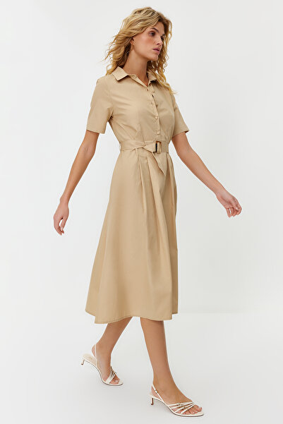 ترينديول كوليكشن تنورة بحزام حجري مفتوحة الخصر مطوي 100% قطن بوبلين فستان منس...