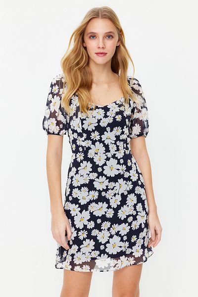 Trendyol Collection Sötétkék virágos A vonalú sifon mini bélelt szőtt ruha TWOSS22EL2168
