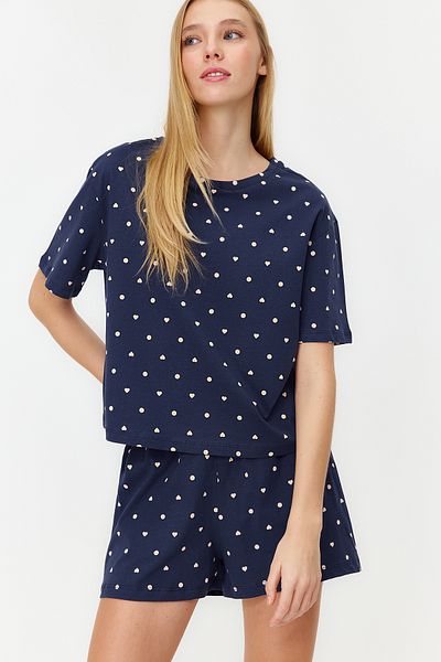 Trendyol Collection 100% pamut sötétkék pöttyös és szív pizsama szett - THMSS21PT1485