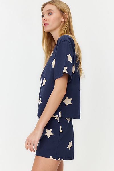 Trendyol Collection Csillagmintás 100% pamut sötétkék pizsama szett - THMSS22PT0501
