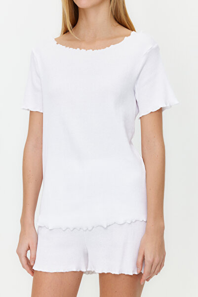 Trendyol Collection Bílé manšestrové tričko-šortky Pletené pyžamo Set THMSS21PT0259