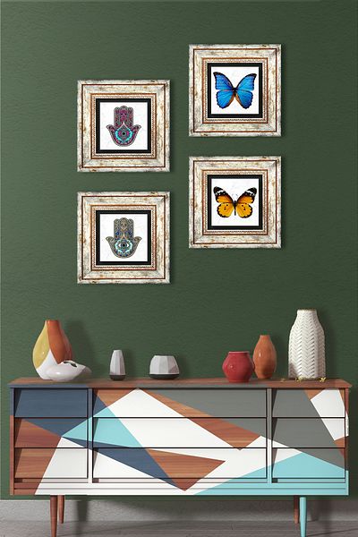 Pinecone Butterfly, Hand of Mother Fatma (Hamsa) Stone Wall Painting Framed Wall Decor 4 Piece Painting Set Wall Art