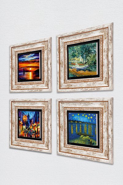 Pinecone Van Gogh, Seascape, Street Landscape Wall Painting Framed Stone Wall Decor Set of 4 Tk4-1900