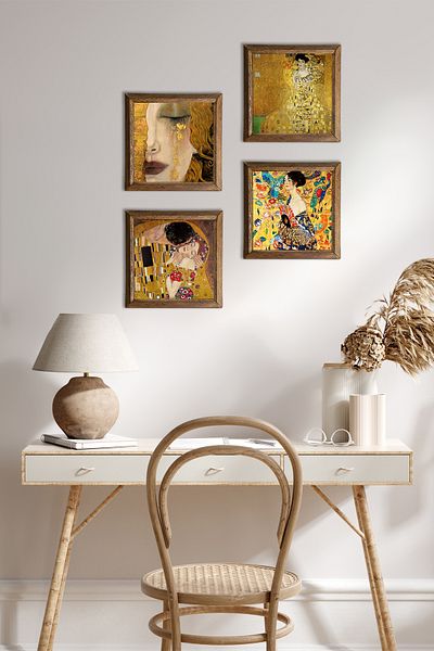 Pinecone Gustav Klimt Wall Painting with Wooden Frame Stone Wall Decor 4 Piece Painting Set Wall Art