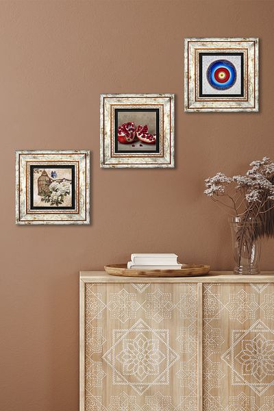 Pinecone Evil Eye, Butterfly Flower, Pomegranate Wall Painting Framed Stone Wall Decor 3 Piece Painting Set Tk3-1107