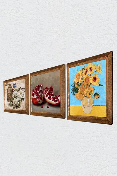 Pinecone Butterfly Flower, Van Gogh Twelve Sunflowers Vase, Pomegranate Wall Painting Stone Wall Decoration with Wooden Frame