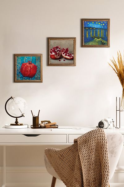 Pinecone Van Gogh an Starry Night at the Rhine, Pomegranate Wall Painting Stone Wall Decor with Wooden Frame