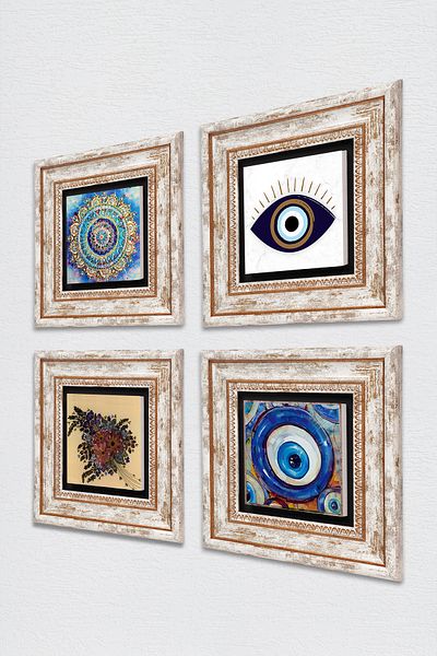 Pinecone Evil Eye, Mandala, Vintage Flower Stone Wall Painting Framed Wall Decor 4 Piece Painting Set TK4-1647