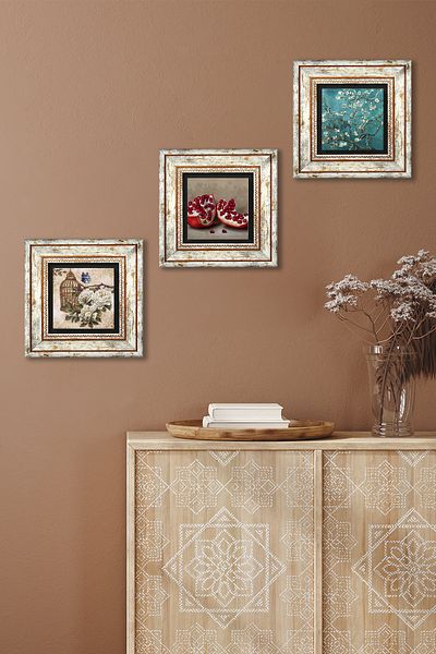 Pinecone Van Gogh Almond Tree, Butterfly Flower, Pomegranate Wall Painting Framed Stone Wall Decor Set of 3 Tk3-1083