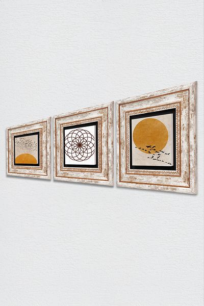 Pinecone Minimalist, Flower of Life Wall Painting Framed Stone Wall Decor 3 Piece Painting Set Tk3-1938