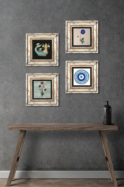 Pinecone Evil Eye, Marbling Art, Shahmeran Wall Painting Framed Stone Wall Decor 4 Piece Painting Set Tk4-990