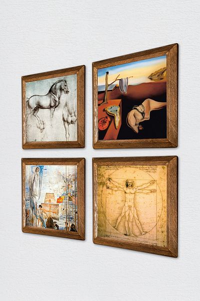 Pinecone Salvador Dalí, Da Vinci Stone Wall Painting Wood Framed Wall Decor 4 Piece Painting Set W4-972