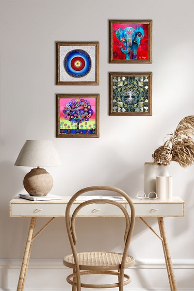 Pinecone Evil Eye, Elephant, Tree of Life Wall Painting Stone Wall Decor with Wooden Frame 4 Piece Painting Set W4-909
