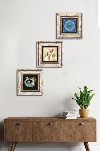 Pinecone Evil Eye, Tulip Marbling Art, Shahmeran Wall Painting Framed Stone Wall Decor Set of 3 Painting Tk3-662