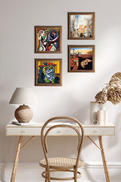 Pinecone Salvador Dali, Picasso Wall Painting Wood Framed Stone Wall Decor 4 Piece Painting Set W4-693