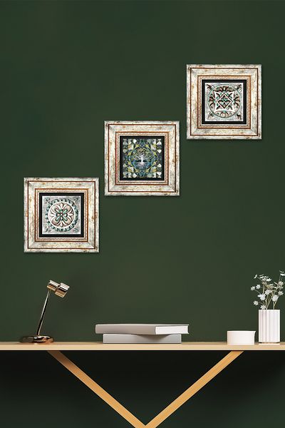 Pinecone Tree of Life, Tile Art Stone Wall Painting Framed Wall Decor 3 Piece Table Set Wall Art TK3-683