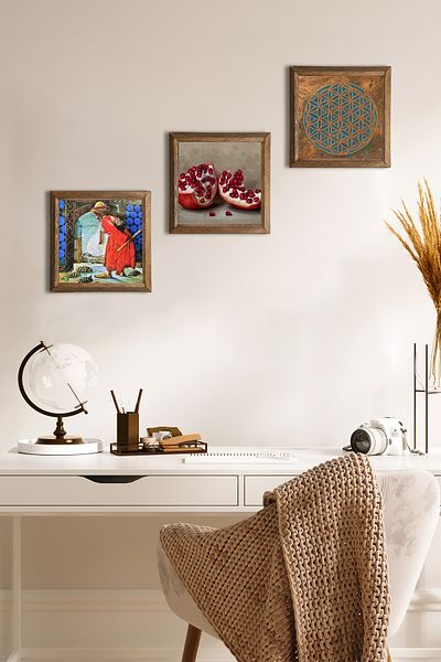 Pinecone Flower of Life, Turtle Trainer, Pomegranate Wall Painting Stone Wall Decor with Wood Frame W3-1593