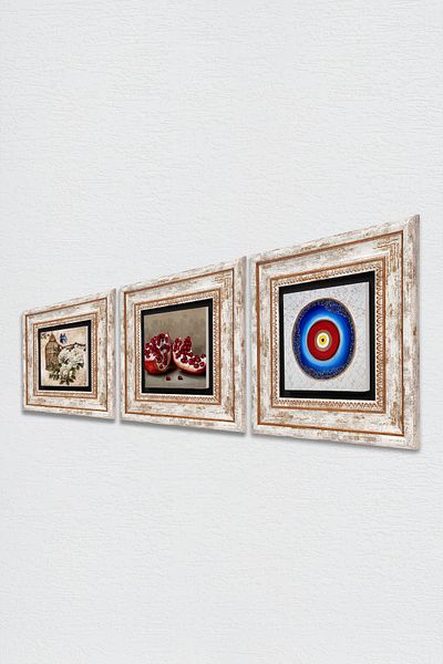 Pinecone Evil Eye, Butterfly Flower, Pomegranate Wall Painting Framed Stone Wall Decor 3 Piece Painting Set Tk3-1107