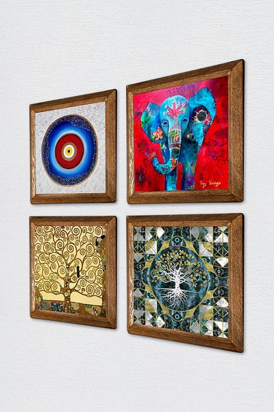 Pinecone Evil Eye, Tree of Life, Elephant Wall Painting Stone Wall Decor with Wooden Frame 4 Piece Painting Set W4-904