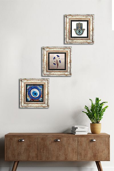 Pinecone Evil Eye, Marbling Art, Fatma Mother Hand (Hamsa) Wall Painting Framed Stone Wall Decor Set of 3 Tk3-1990