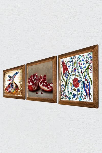 Pinecone Πλακάκι τέχνης Tulip, Chrysanthemum, Pomegranate Ζωγραφική τοίχου Ξύλινο πλαίσιο Πέτρινο Διακόσμηση τοίχου Σετ ζωγραφικής 3 τεμαχίων Τέχνη τοίχου