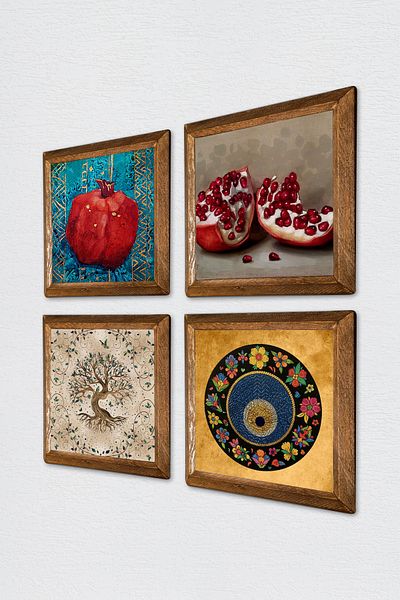Pinecone Evil Eye, Tree of Life, Pomegranate Wall Painting Stone Wall Decor with Wooden Frame 4 Piece Painting Set Wall Art