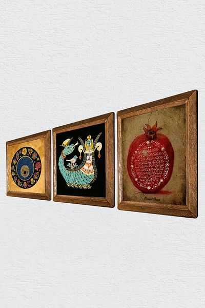 Pinecone Evil Eye Bead, Prayer of Fertility, Shahmeran Stone Wall Painting with Wooden Frame Wall Decor Set of 3 Paintings