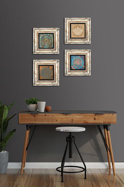 Pinecone Flower of Life, Lotus Flower Wall Painting Framed Stone Wall Decor 4 Piece Painting Set Tk4-824