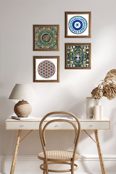 Pinecone Evil Eye, Tree of Life, Mandala, Flower of Life Wall Painting Wooden Framed Stone Wall Decoration 4 Piece Painting