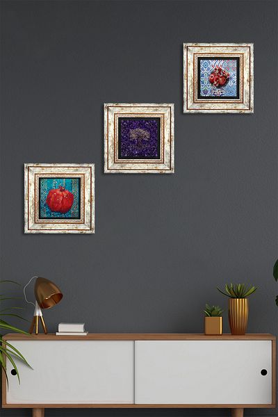 Pinecone Tree of Life, Pomegranate Wall Painting Framed Stone Wall Decor 3 Piece Painting Set Wall Art Tk3-1901