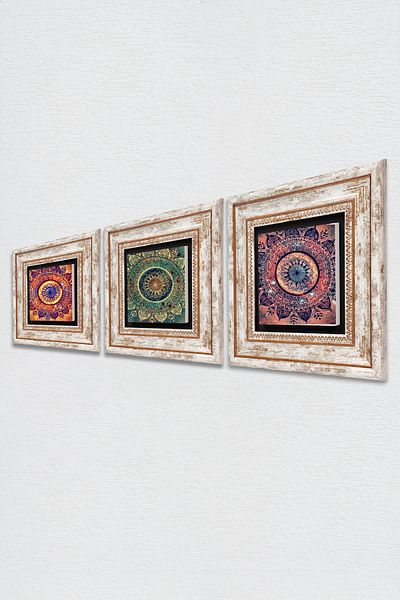 Pinecone Mandala Wall Painting Framed Stone Wall Decor 3 Piece Painting Set Wall Art Tk3-1749