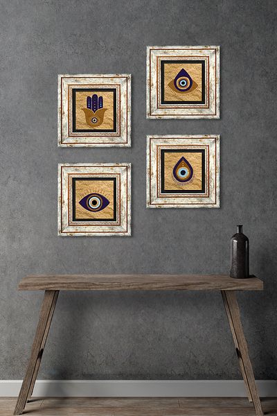 Pinecone Fatma Mother Hand (Hamsa), Nazar Stone Wall Painting Framed Wall Decor 4 Piece Painting Set Tk4-1070