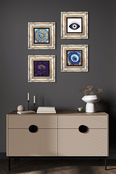 Pinecone Evil Eye, Mandala, Tree of Life Stone Wall Painting Framed Wall Decor 4 Piece Table Set TK4-1648