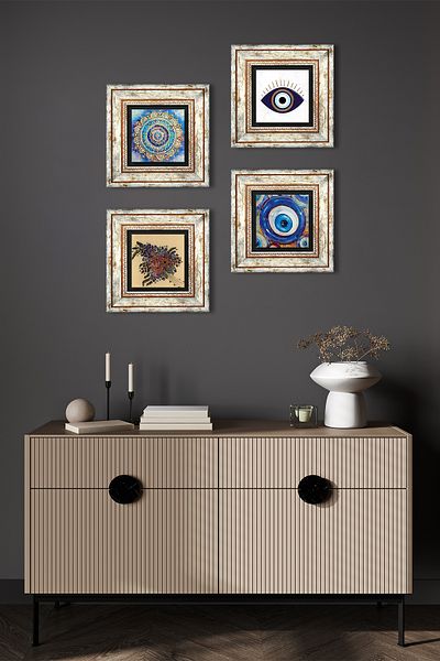 Pinecone Evil Eye, Mandala, Vintage Flower Stone Wall Painting Framed Wall Decor 4 Piece Painting Set TK4-1647
