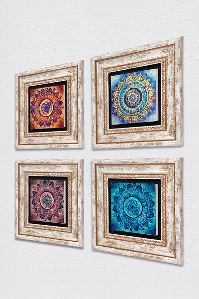 Pinecone Mandala Stone Wall Painting Framed Wall Decor 4 Piece Painting Set Wall Art TK4-1085