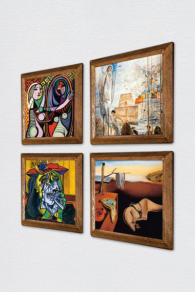 Pinecone Salvador Dali, Picasso Wall Painting Wood Framed Stone Wall Decor 4 Piece Painting Set W4-693