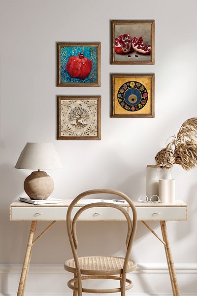 Pinecone Evil Eye, Tree of Life, Pomegranate Wall Painting Stone Wall Decor with Wooden Frame 4 Piece Painting Set Wall Art
