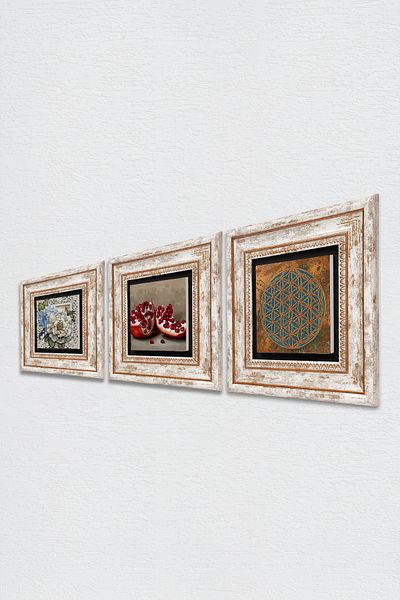 Pinecone Flower of Life, Butterfly Flower, Pomegranate Stone Wall Painting Framed Wall Decor 3-Piece Table Set TK3-1203