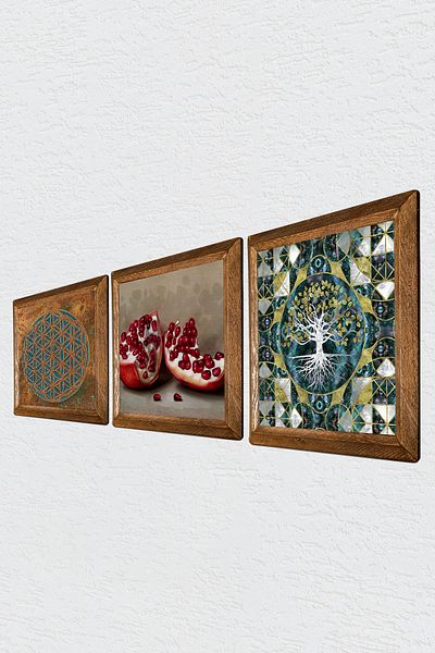 Pinecone Flower of Life, Tree of Life, Pomegranate Wall Painting Stone Wall Decor with Wood Frame 3 Piece Painting W3-1699