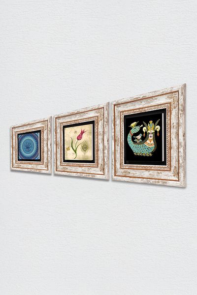 Pinecone Evil Eye, Tulip Marbling Art, Shahmeran Wall Painting Framed Stone Wall Decor Set of 3 Painting Tk3-662