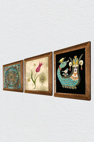 Pinecone Flower of Life, Tulip Marbling Art, Shahmeran Wall Painting Wooden Framed Stone Wall Decor 3 Painting