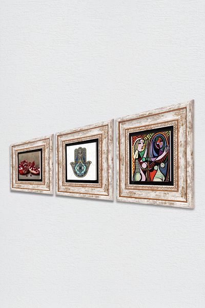 Pinecone Picasso Girl Against the Mirror, Pomegranate, Fatma Mother Hand (Hamsa) Stone Wall Painting Framed Wall Decor