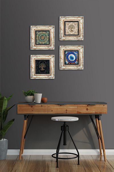 Pinecone Evil Eye, Mandala, Tree of Life Wall Painting Framed Stone Wall Decor 4 Piece Painting Set Tk4-1579