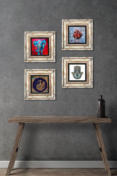Pinecone Elephant, Peacock, Pomegranate, Fatma Mother Hand Stone Wall Painting Framed Wall Decor Set of 4 Painting Tk4-293