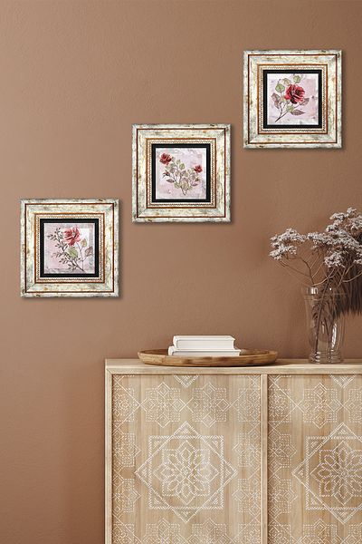 Pinecone Rose Flower Wall Painting Framed Stone Wall Decor 3 Piece Painting Set Wall Art Tk3-1716