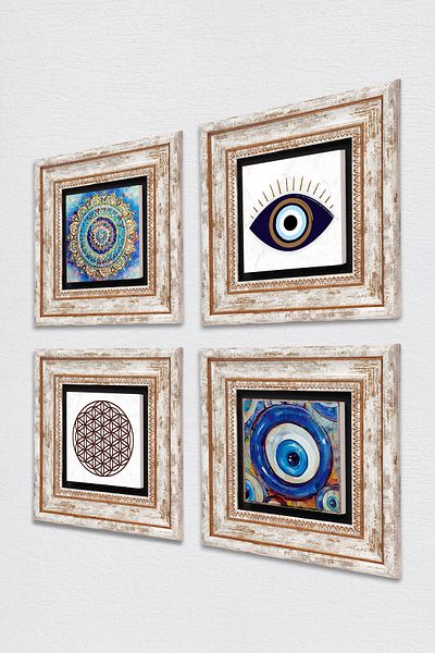 Pinecone Evil Eye, Mandala, Flower of Life Stone Wall Painting Framed Wall Decor 4 Piece Painting Set Tk4-1617